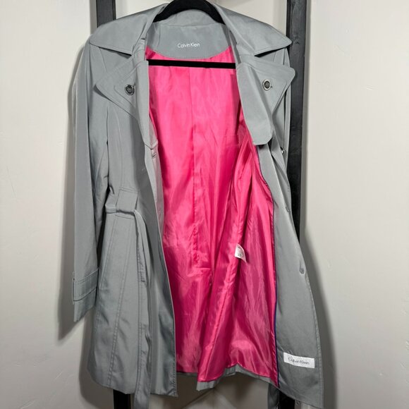 Calvin Klein Gray Trench Coat with Pink Lining – Belted Classic - Picture 5 of 9